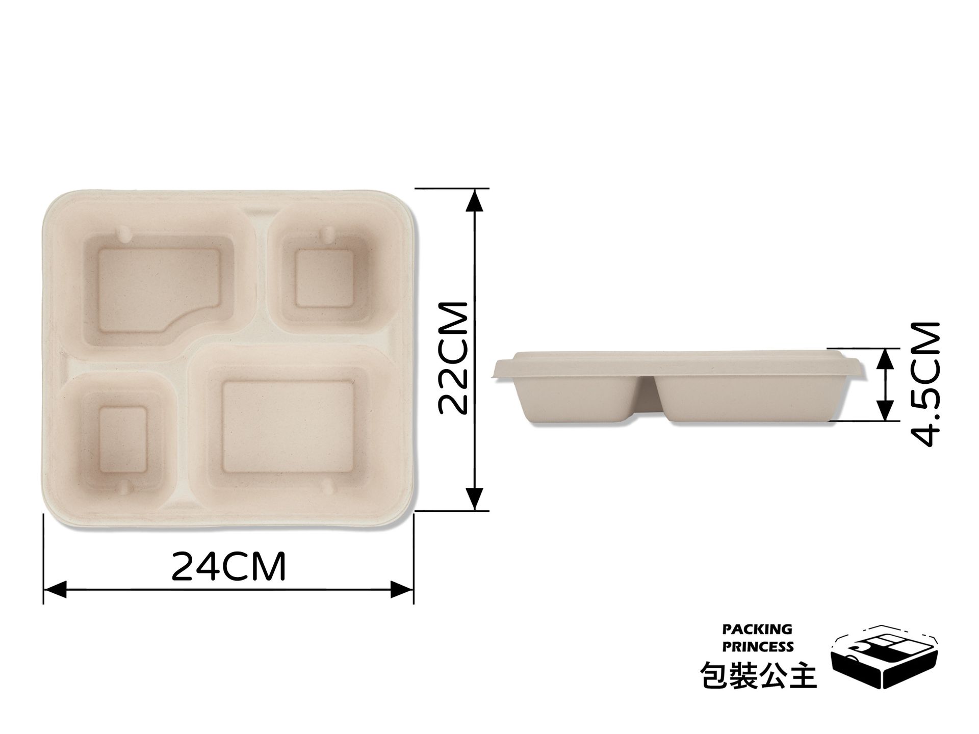 SC-94C 環保植纖四格餐盒規格：24cm x 22cm，搭配原色植纖上蓋，全紙漿材質可降解，打造 100% 減塑品牌形象