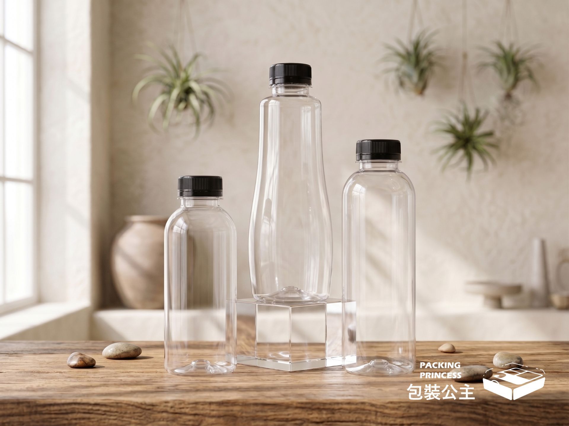 造型寬口瓶系列,適用於冷泡茶與果汁外帶,簡約透明設計展現飲料色澤,提升品牌包裝質感。