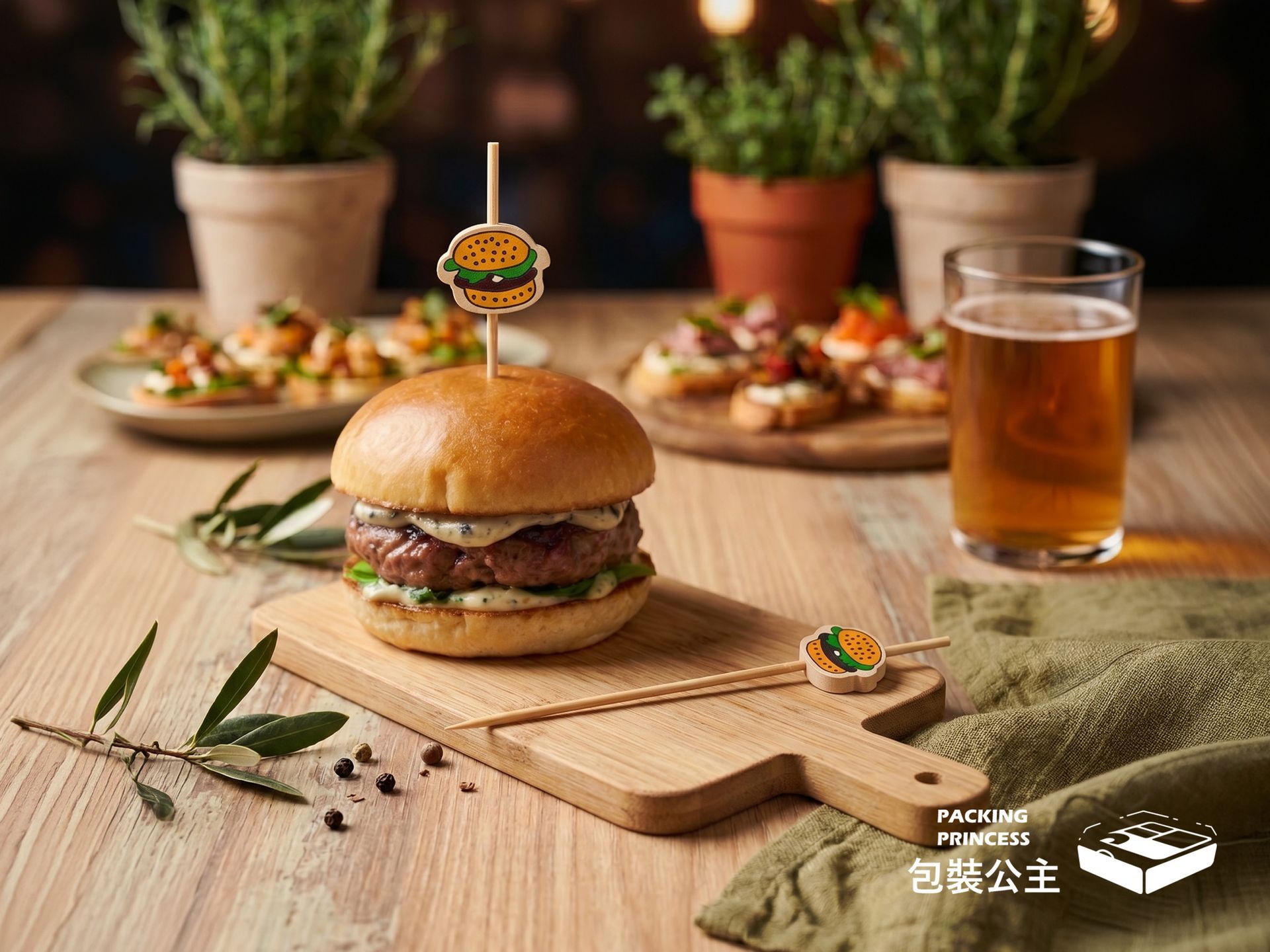 漢堡造型竹叉,12 公分長度,趣味漢堡圖案設計,適用於派對小食裝飾,增添用餐趣味。