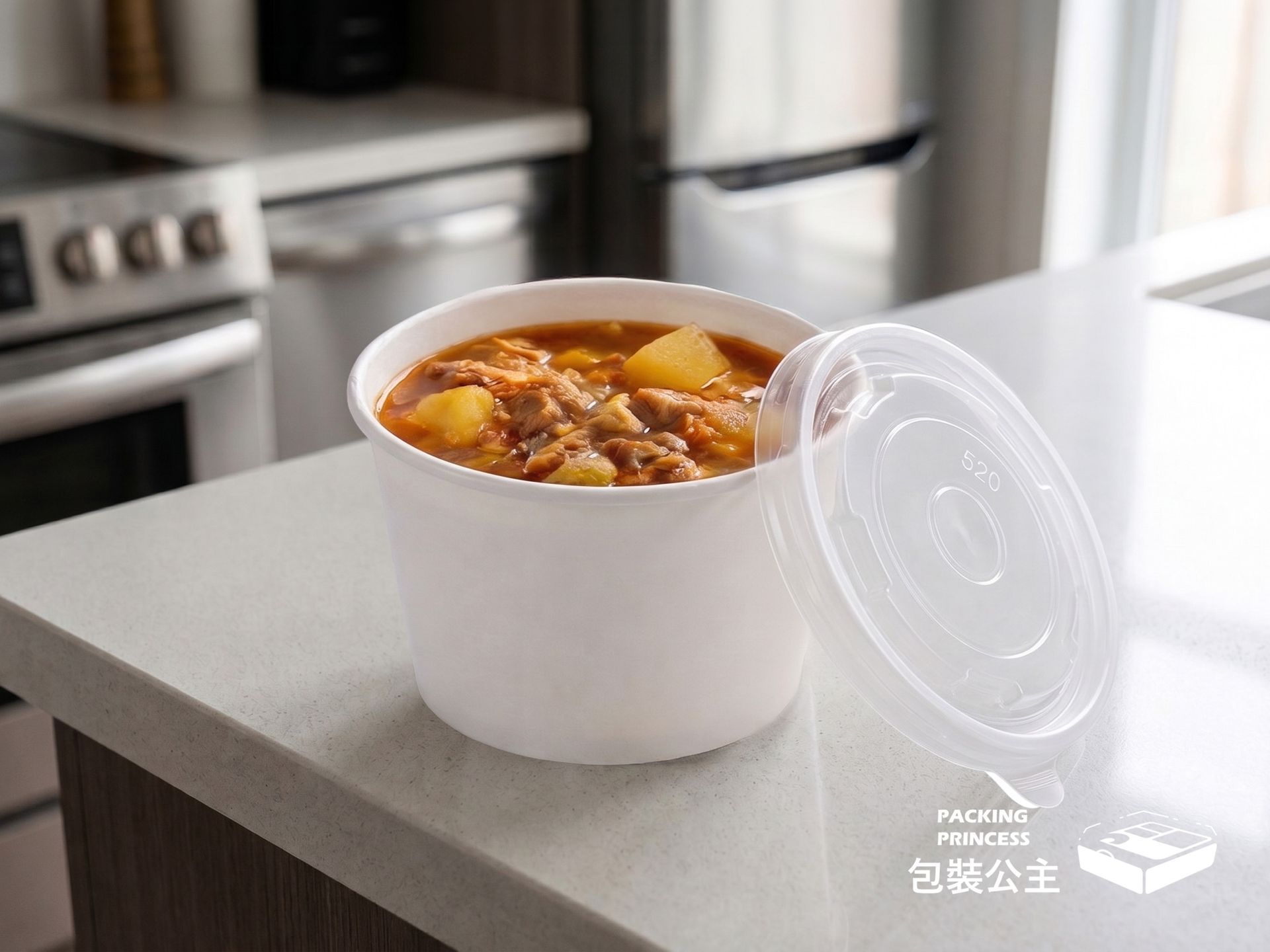 520cc 白色無印刷紙湯杯(含蓋)：經典白色設計，適合盛裝外帶湯品、粥品，加厚紙質防油耐熱，搭配 PP 安全杯蓋，外送不滲漏