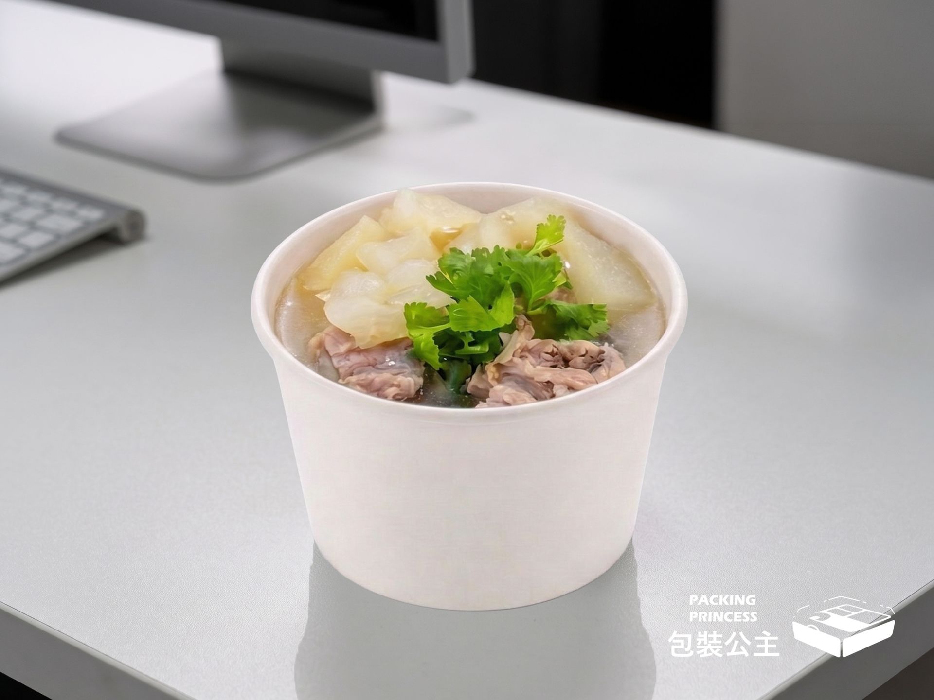 520cc 白色無印刷紙湯杯：經典白色設計，適合盛裝外帶湯品、粥品，加厚紙質防油耐熱，搭配 PP 安全杯蓋，外送不滲漏