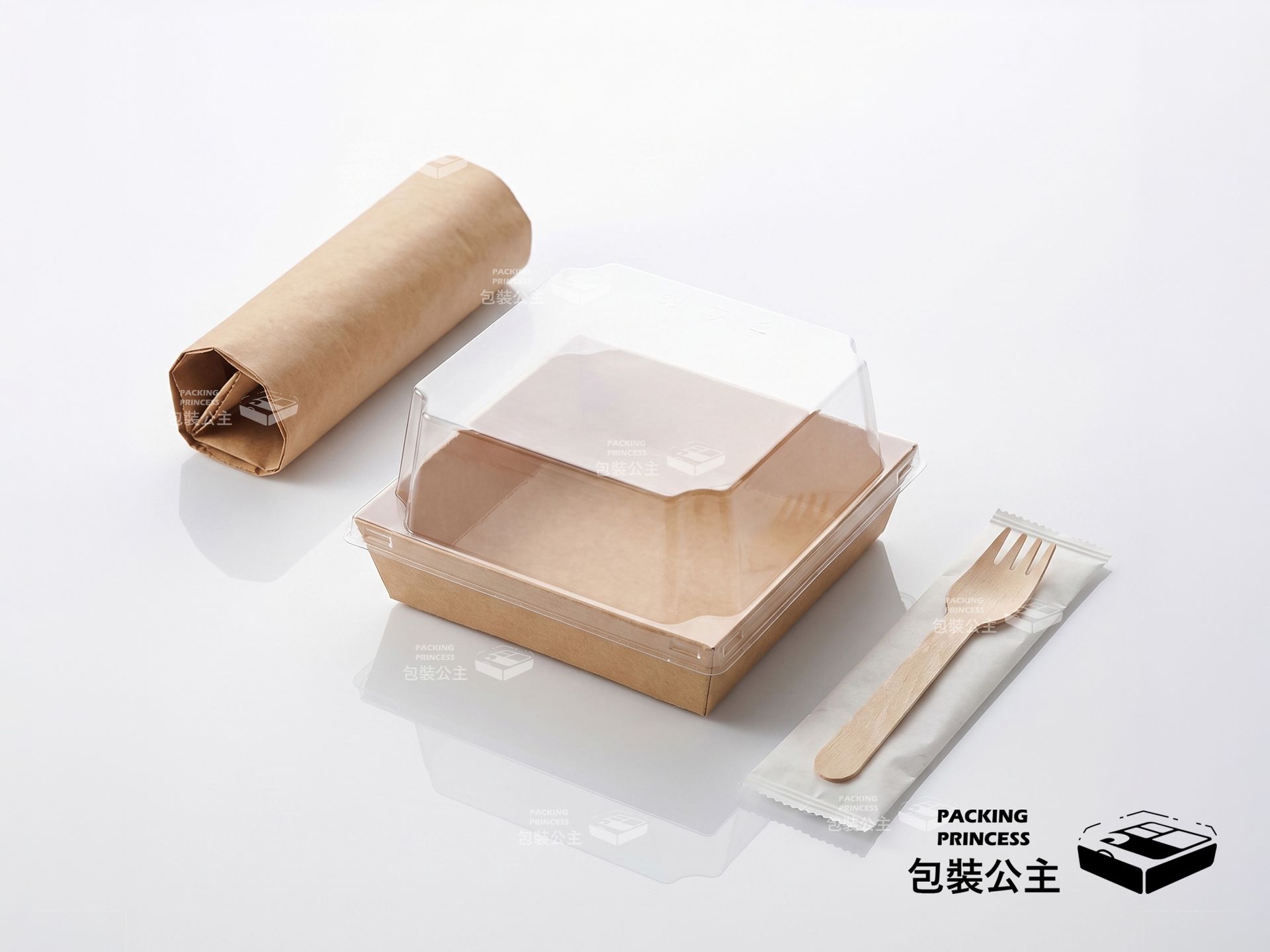 【日光慢食】牛皮紙外帶輕食餐盒四件套組，內含餐盒、透明蓋、牛皮紙餐具包，簡約野餐風格。