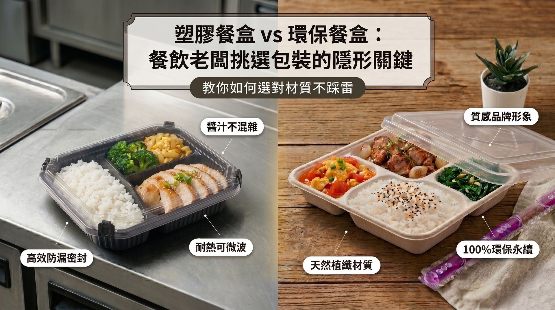 圖片左右對比兩款外帶餐盒。左為黑色多格塑膠餐盒，標註高效防漏密封；右為米色植纖環保餐盒，標註天然植物材質與永續形象。上方大標題為「塑膠餐盒 vs 環保餐盒：餐飲老闆挑選包裝的隱形關鍵」。