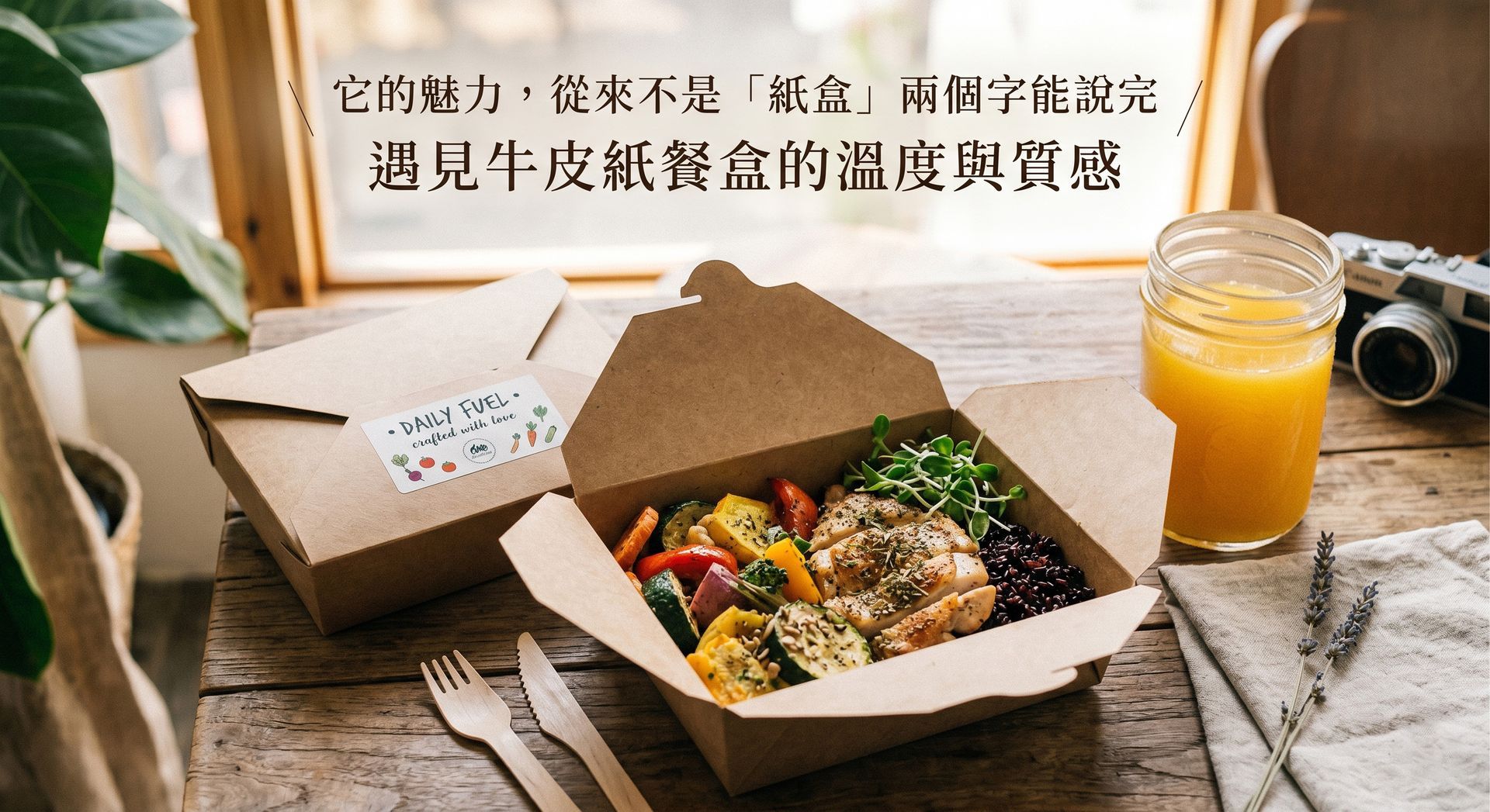 牛皮紙餐盒盛裝美味的健康餐點，放置在木質桌面上，旁邊搭配飲料與相機，呈現出充滿手作感與生活氣息的畫面，完美展現文青餐飲品牌的獨特質感，是咖啡廳與外帶美食提升整體風格的絕佳選擇。