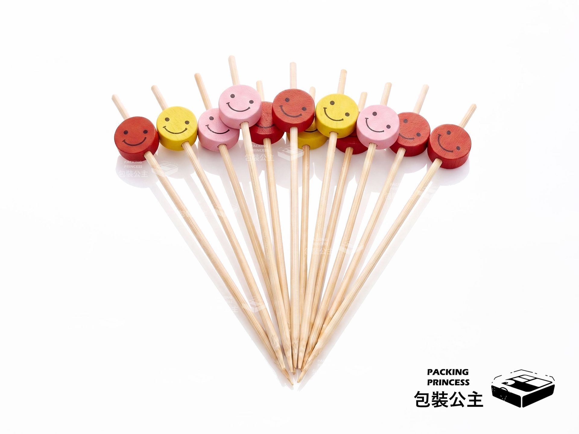 Smiley face shaped bamboo forks | 12cm fruit and dessert forks, party decoration fruit forks, dessert forks, sandwich forks, hamburger forks (100 forks/pack)