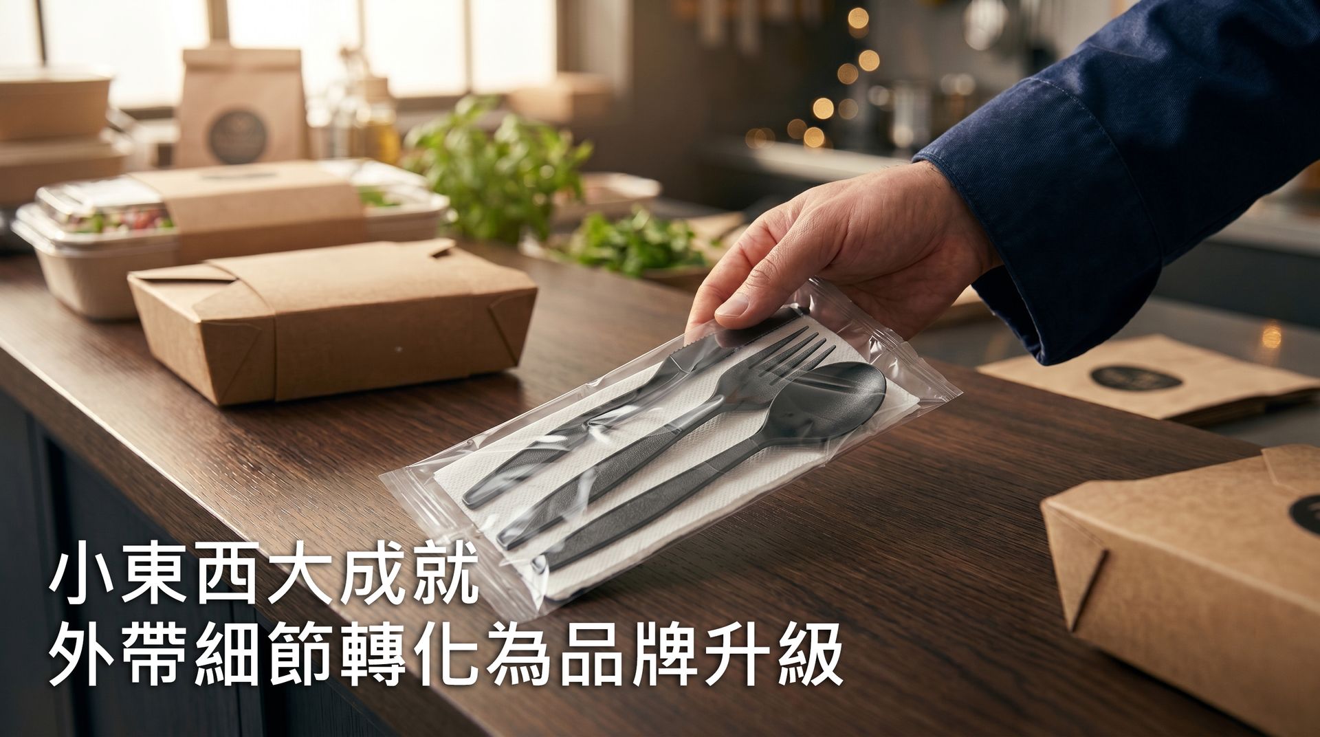 一隻手在木質餐桌上拿起一包透明封膜包裝的黑色組合餐具,背景有牛皮紙質便當盒。左下方印有大標題「小東西大成就:外帶細節轉化為品牌升級」。