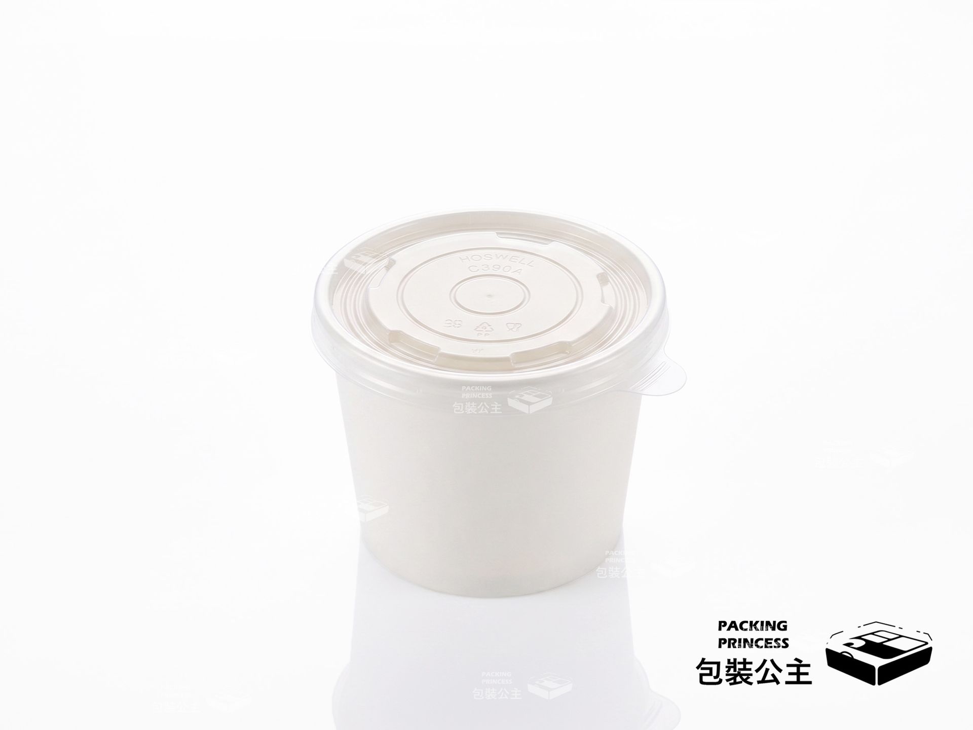390cc 白色紙湯杯套組：輕量化規格，適合小份量湯品、甜湯或小菜盛裝，純白極簡質感，適合各類餐飲店品牌自貼標籤使用