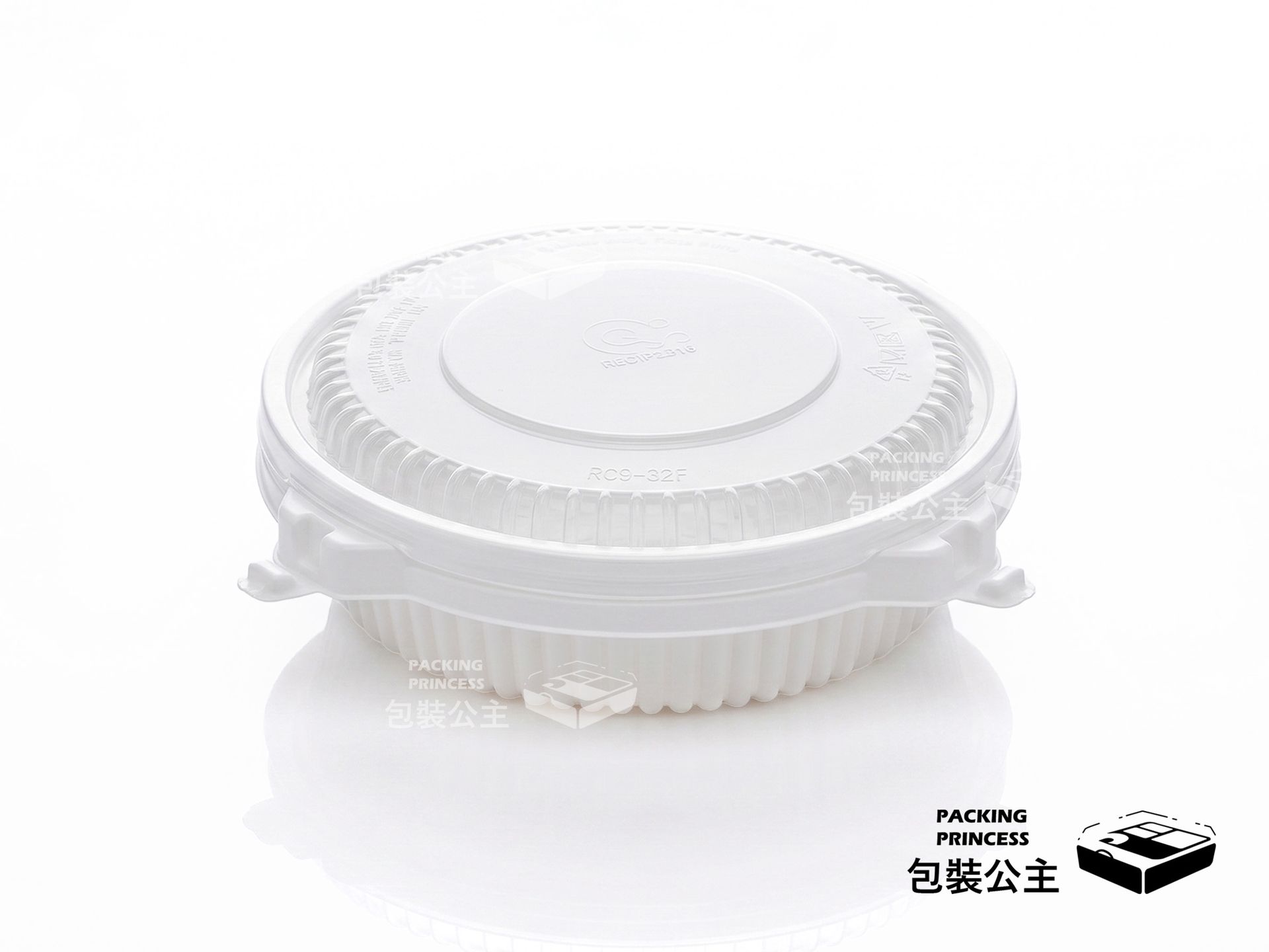 RC9-14 8吋自扣微波圓盤組：質感白色底盤搭配高透蓋，可微波加熱，適合年菜外帶、佛跳牆、圓盤合菜等高級餐點包裝