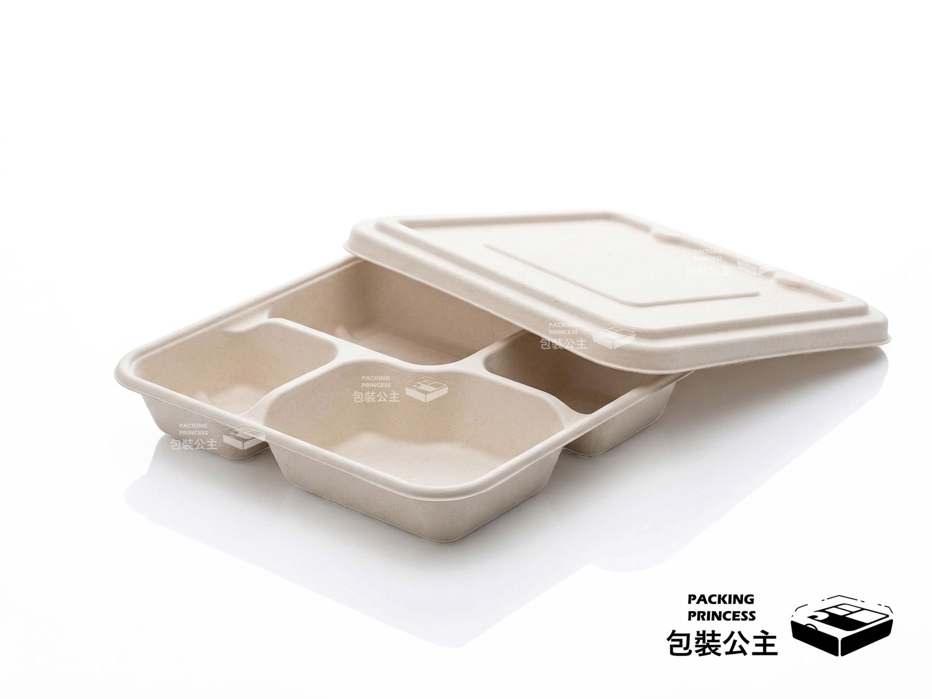 SC-94C 環保植纖四格餐盒規格：24cm x 22cm，搭配原色植纖上蓋，全紙漿材質可降解，打造 100% 減塑品牌形象