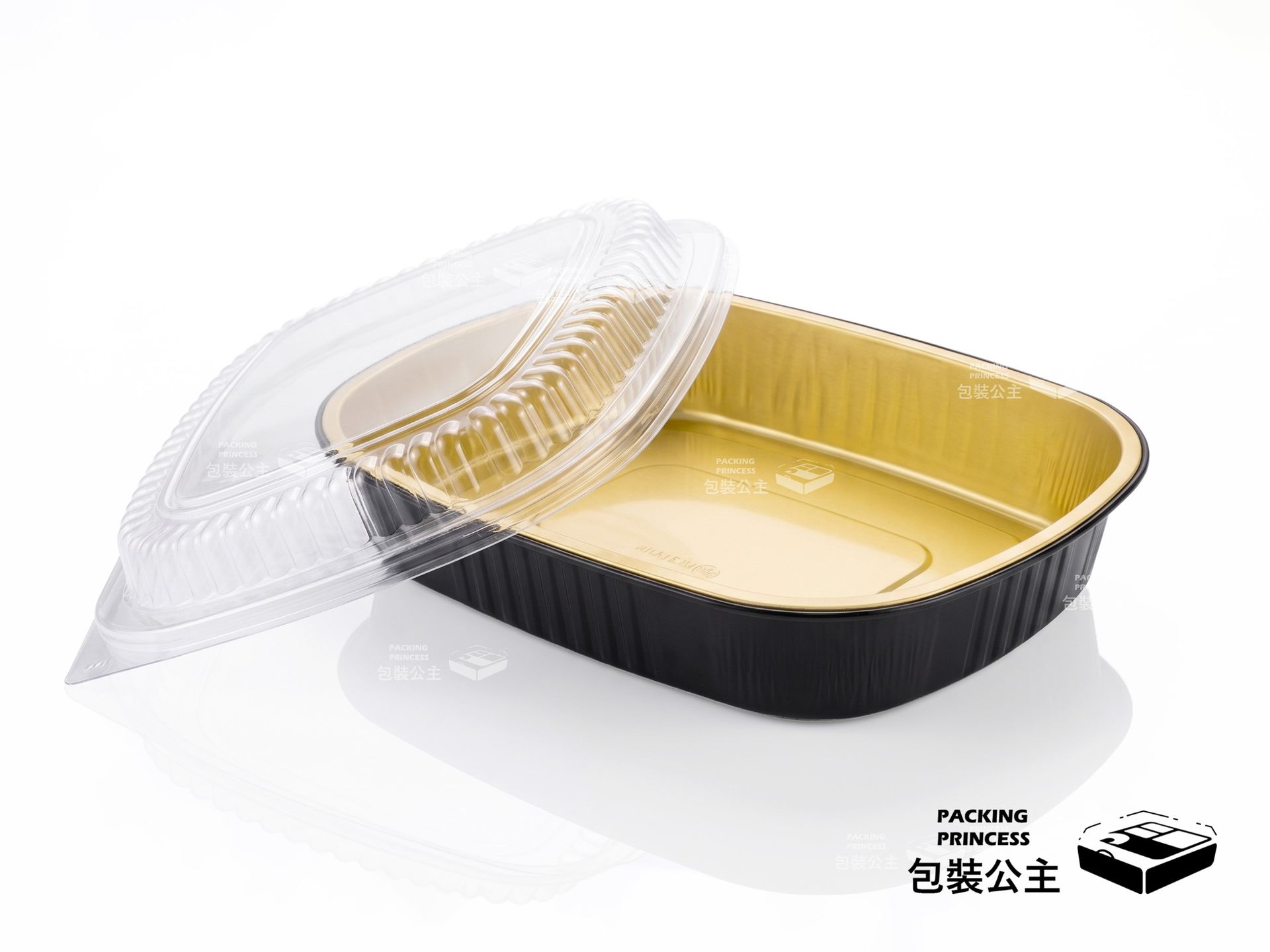 T285-2020 厚質方形雙色鋁箔盒：高級金色質感設計，適合飯店年菜、高單價海鮮拼盤與精緻節慶餐點外帶，提升品牌溢價感