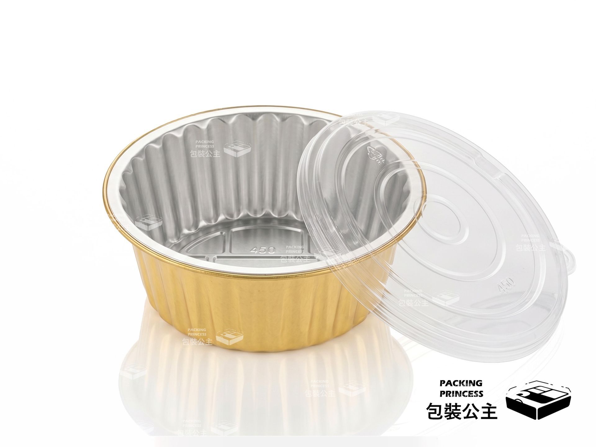 Y128-450 圓形鋁箔皿詳細規格：450cc 容量標註，底徑 9.2cm，專業加厚雙色鋁箔結構，適合飯店外帶與精緻餐飲包裝