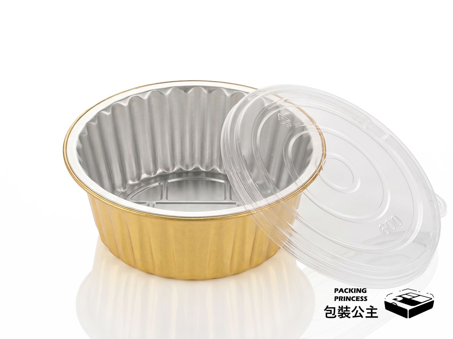 Y140-570 金色鋁箔圓皿規格：570cc 中容量加深設計，直徑 14cm，適合外帶湯品與大份量焗烤餐點，包裝公主專業推薦