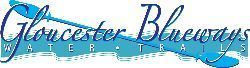 gloucester blueways is written in blue cursive. below it it says water trails in white.  it overlays a lighter blue kayak paddle and river.