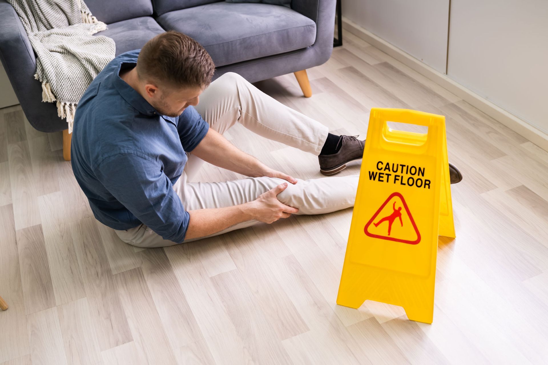man falling on wet floor in front of caution sign