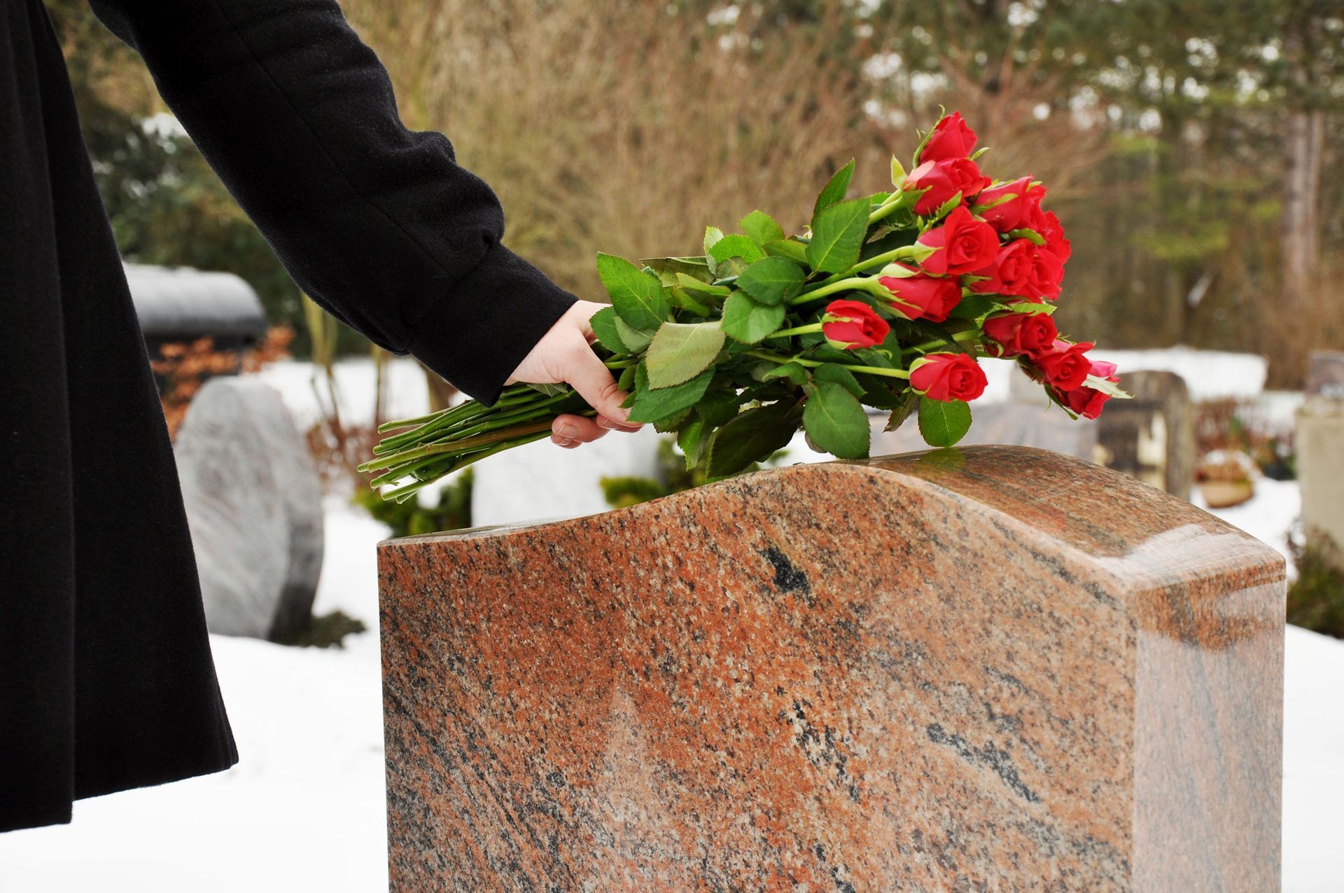 Woman puts a bouquet of roses on a tombstone of grave