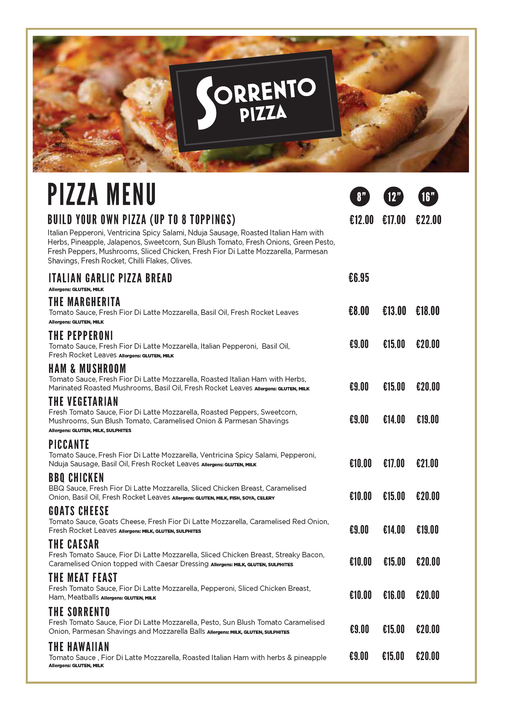 Pizza menu from Sorrento Pizza; includes toppings, prices, and social media icons.