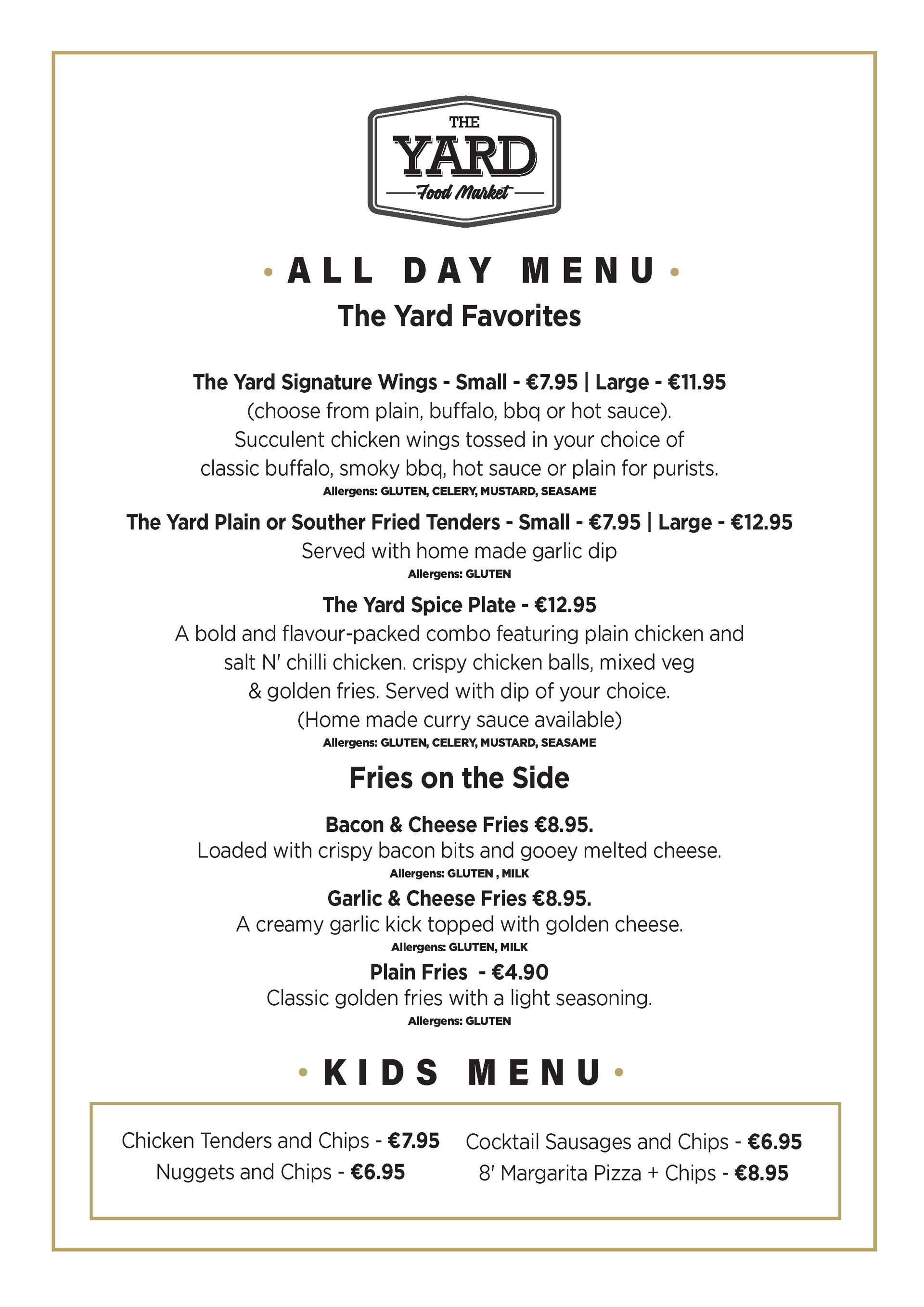 The Yard restaurant menu with all-day and kids' options. Chicken tenders, nuggets, and wings are featured.