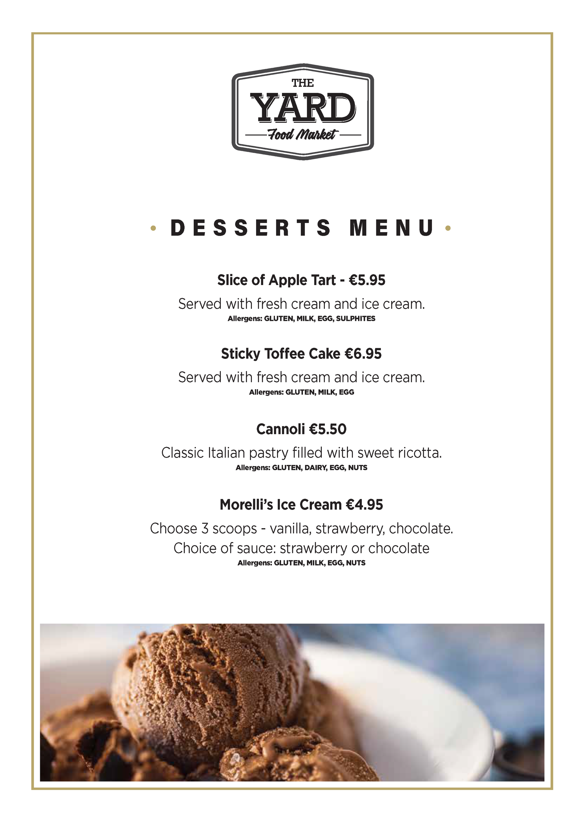 Desserts menu from The Yard: ice cream, caramel, honeycomb, cake, and more, with a chocolate ice cream close-up.