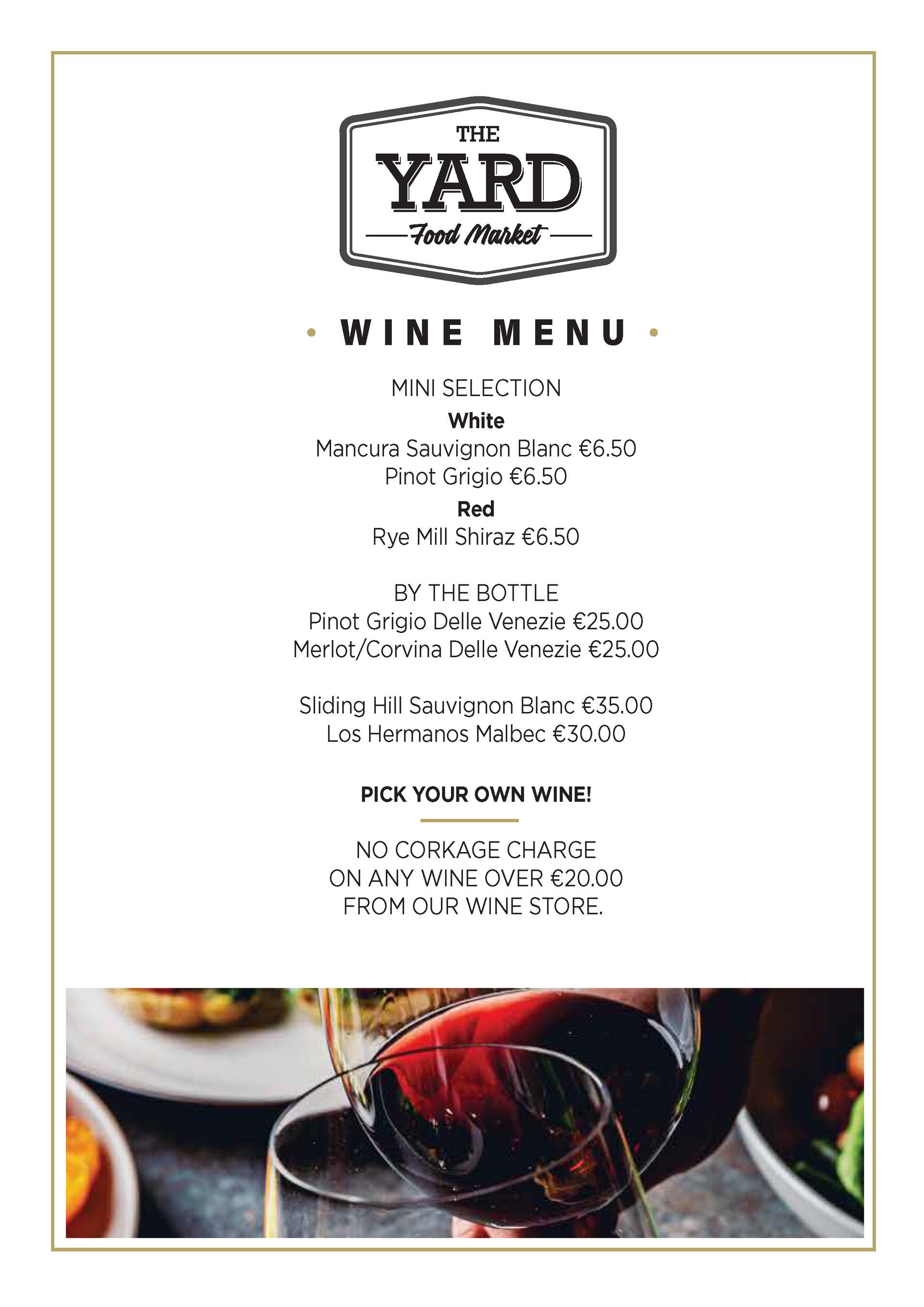Wine menu from The Yard, featuring wine list and food pairing suggestions.