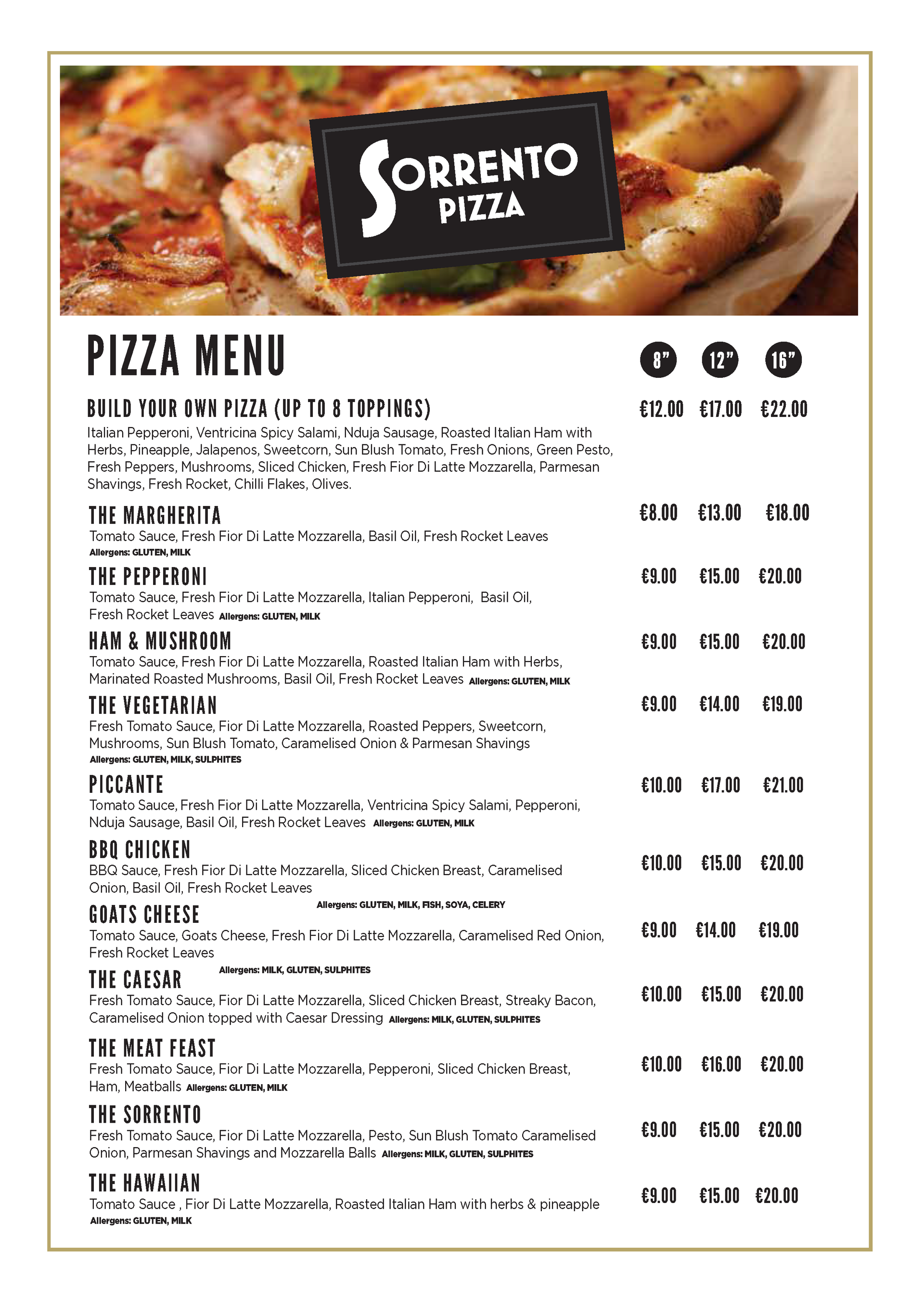 Pizza menu from Sorrento Pizza; includes toppings, prices, and social media icons.