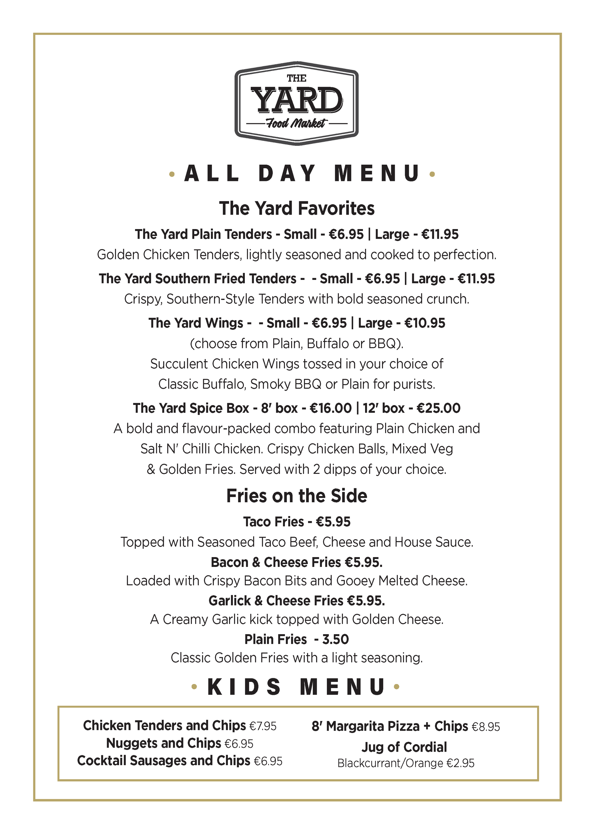 The Yard restaurant menu with all-day and kids' options. Chicken tenders, nuggets, and wings are featured.