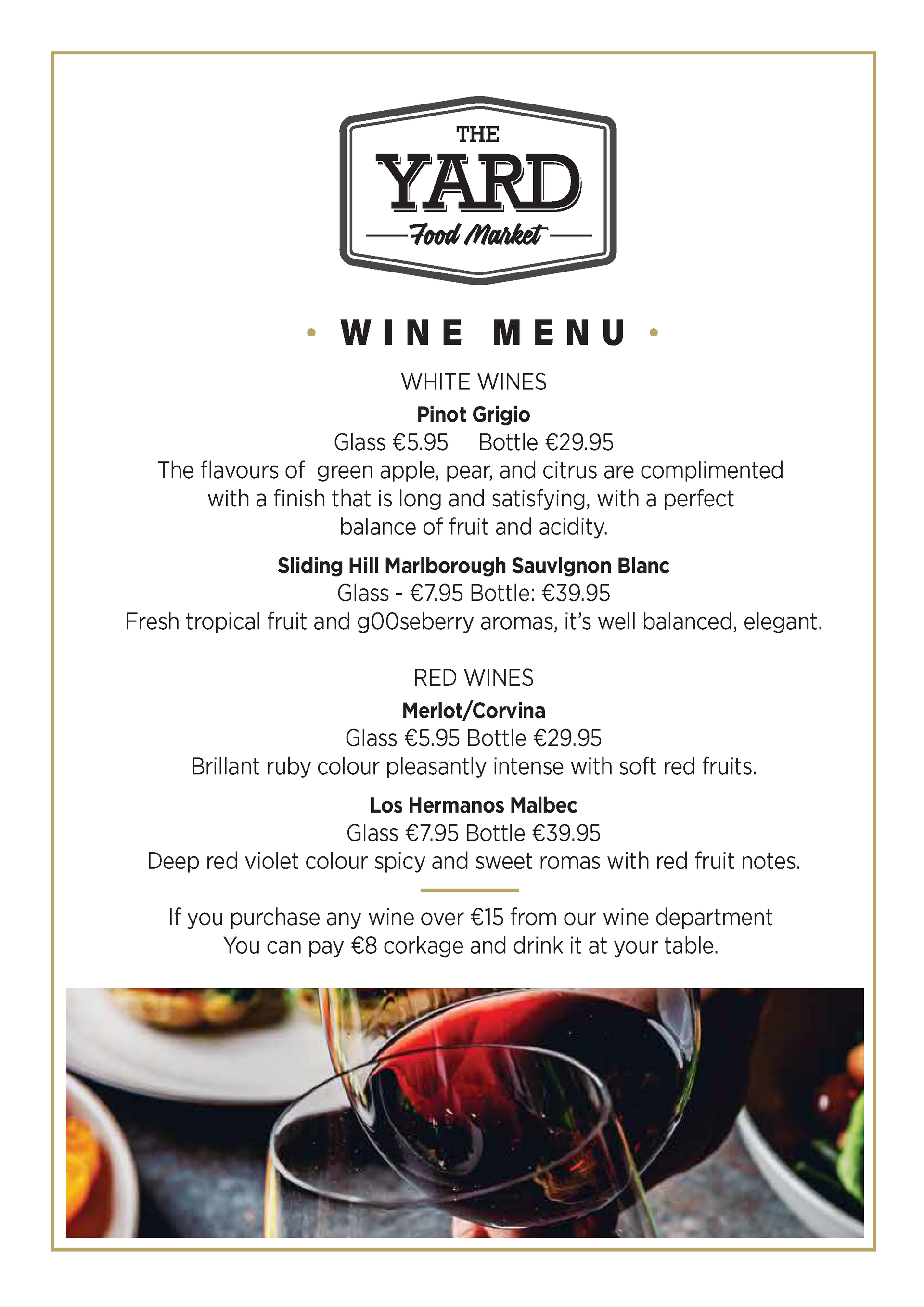 Wine menu from The Yard, featuring wine list and food pairing suggestions.