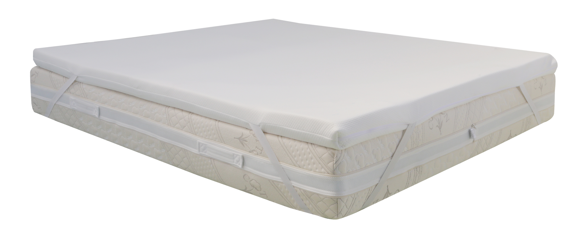Un materasso con sopra un topper bianco su uno sfondo bianco.