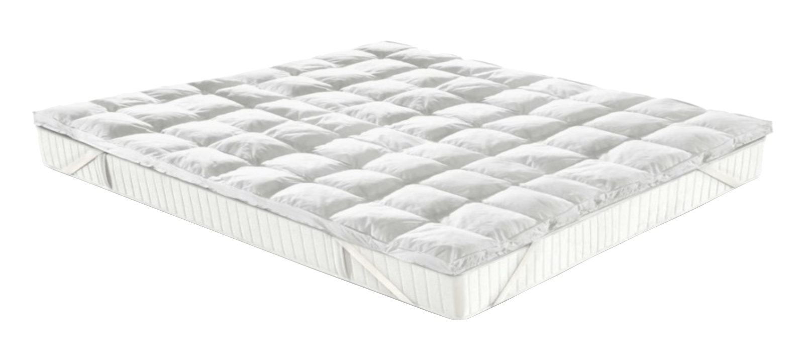 Un materasso bianco con sopra un coprimaterasso bianco.