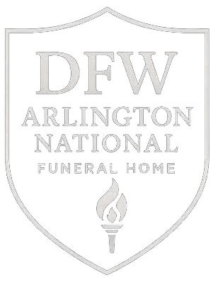DFW Arlington National Funeral Home logo in a shield shape with a torch.