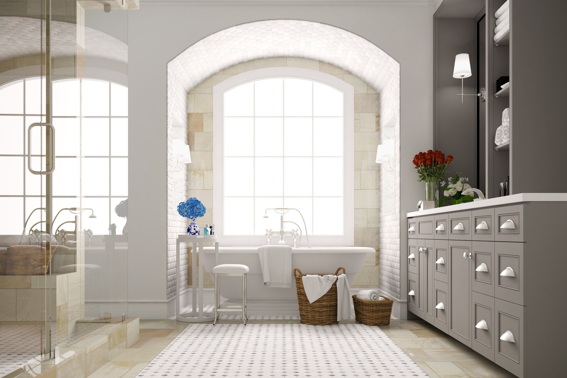 A bathroom with a tub , sink , and shower.