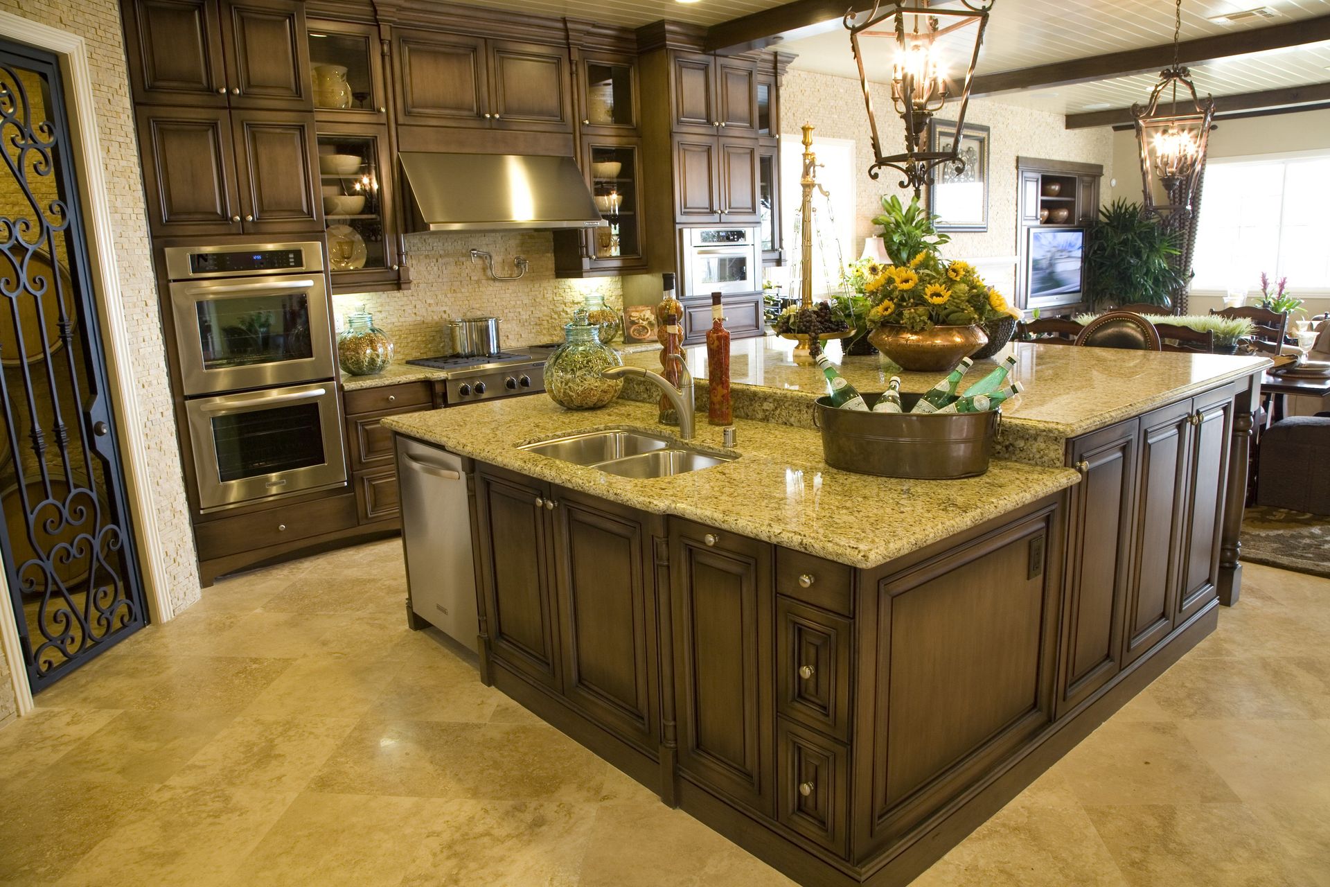 There is a large island in the middle of the kitchen.