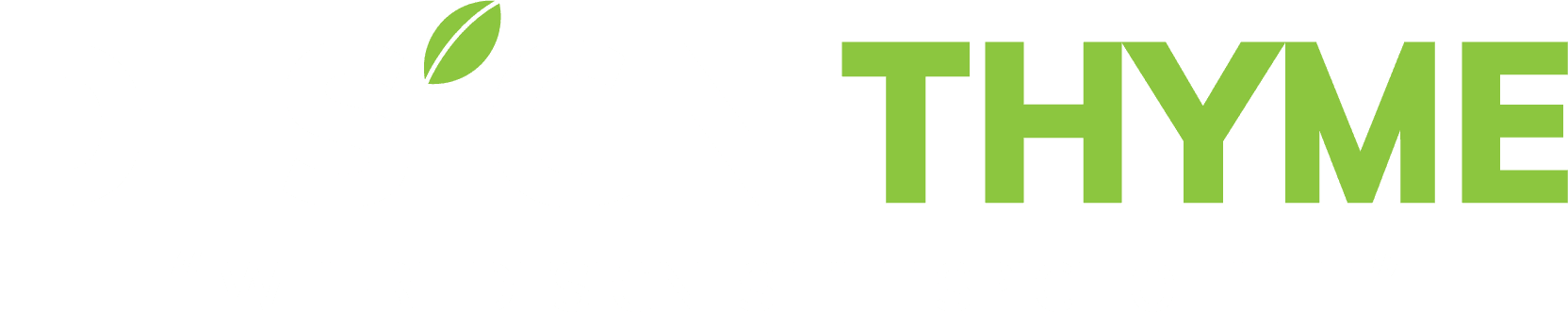 The word thyme is written in green on a white background.