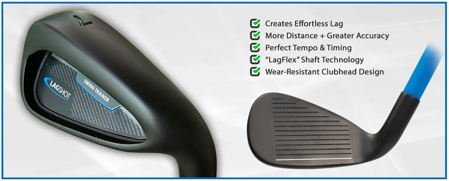 Black golf club, showcasing features: more distance, accuracy, perfect tempo, 
