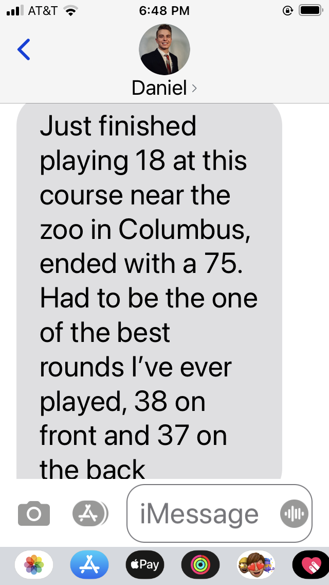 A text message from daniel says he just finished playing 18 at this course near the zoo in columbus