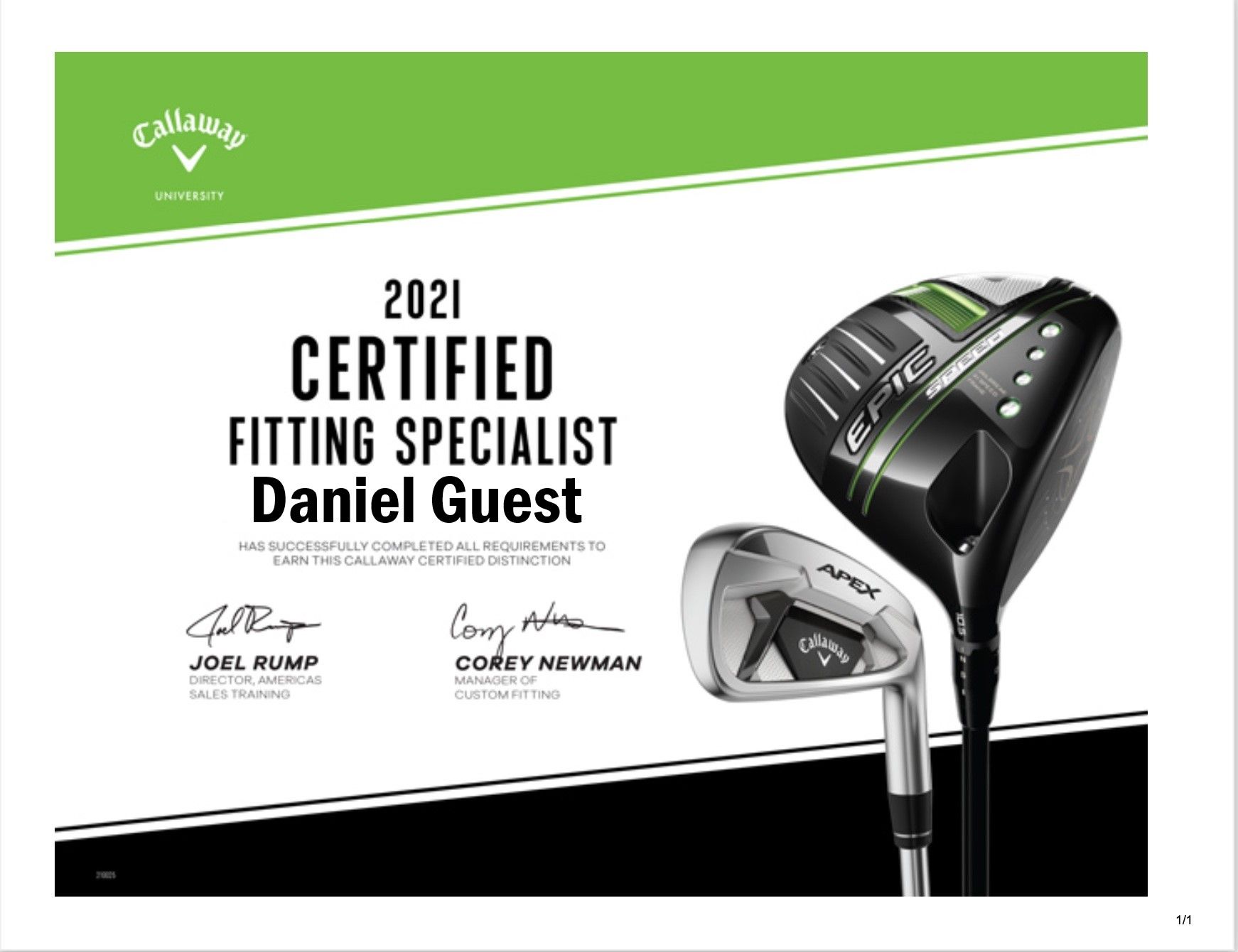 A certificate for a certified fitting specialist.