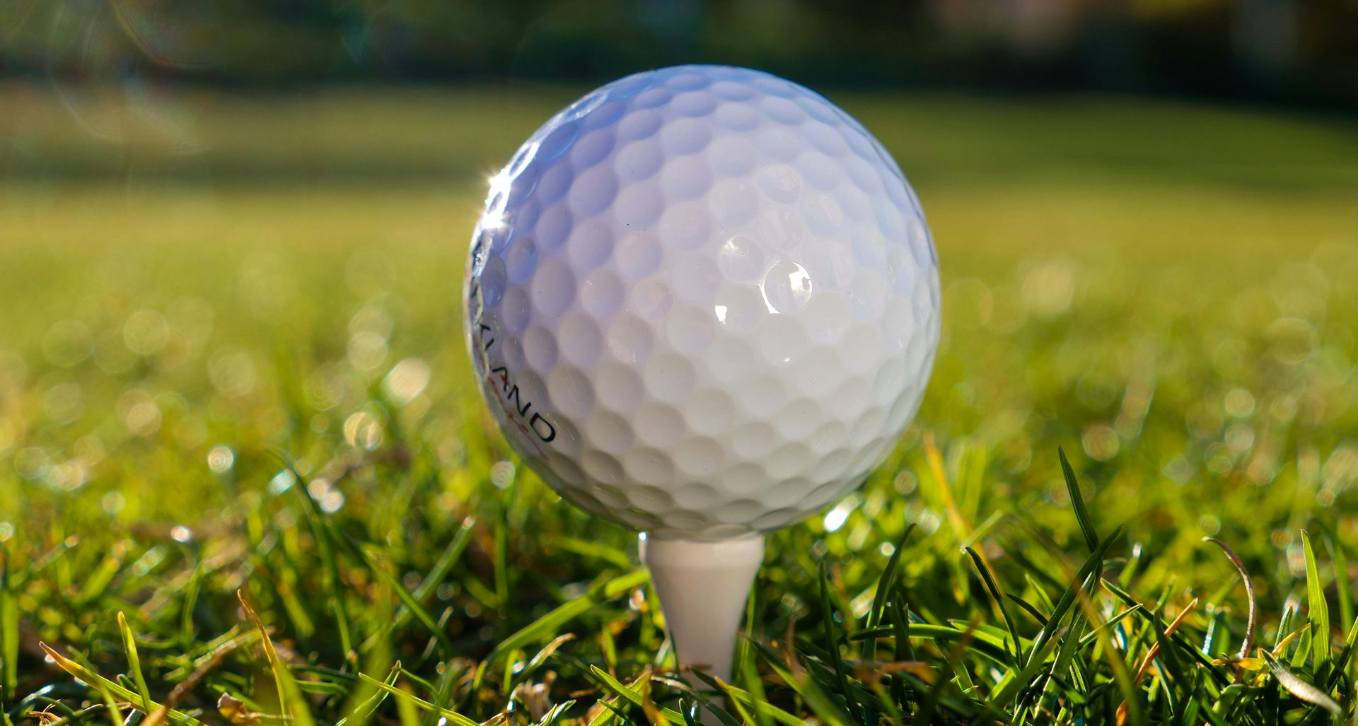 Golf ball on tee, poised on green grass, sunlight.
