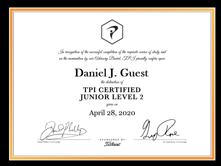 A certificate that says daniel j. guest is tpi certified junior level 2.