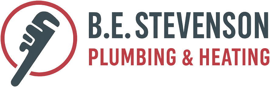 Logo for B.E. Stevenson Plumbing & Heating: a wrench inside a red circle, text in gray and red.