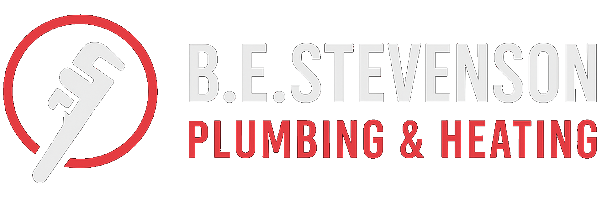 Logo for B.E. Stevenson Plumbing & Heating, featuring a wrench inside a red circle, text in gray and red.