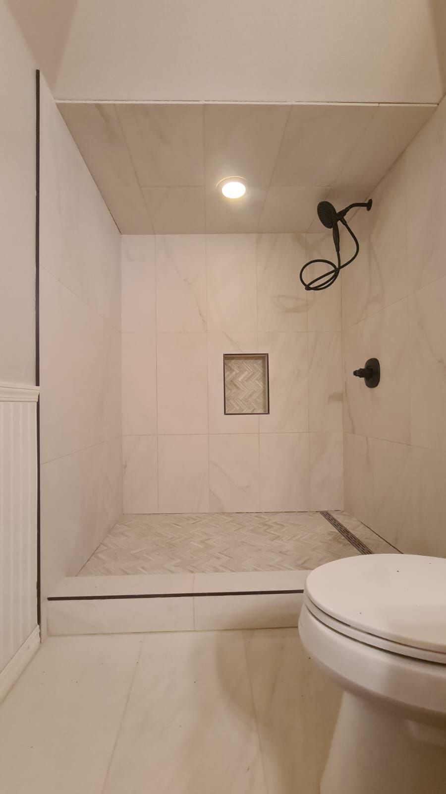 A bathroom with a toilet and a walk in shower.