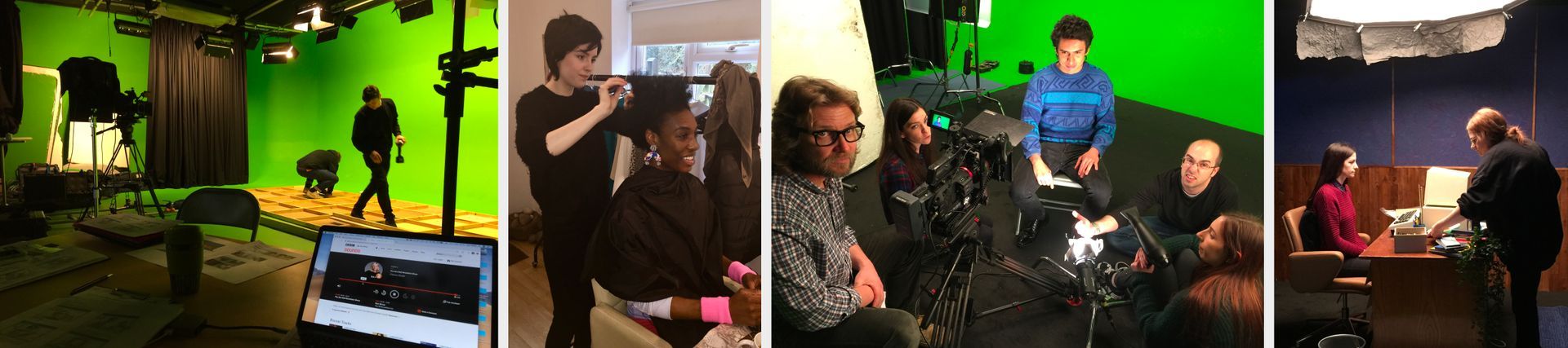 A group of people are standing in front of a green screen.