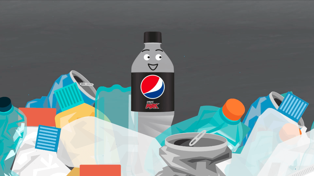 A pile of plastic bottles and cans with a pepsi bottle in the middle.