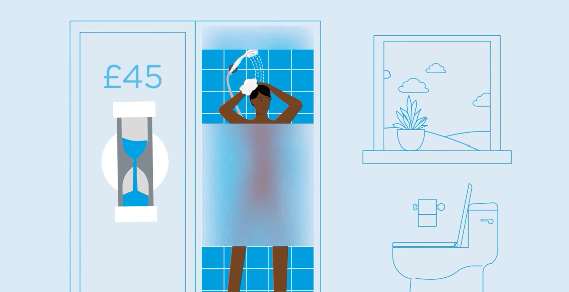 A man is taking a shower in a bathroom with a price tag of £ 45.