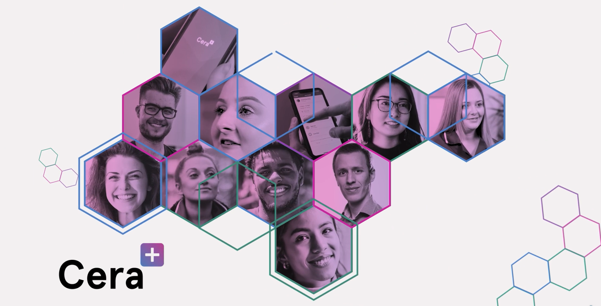 A group of people are standing next to each other on a white background.