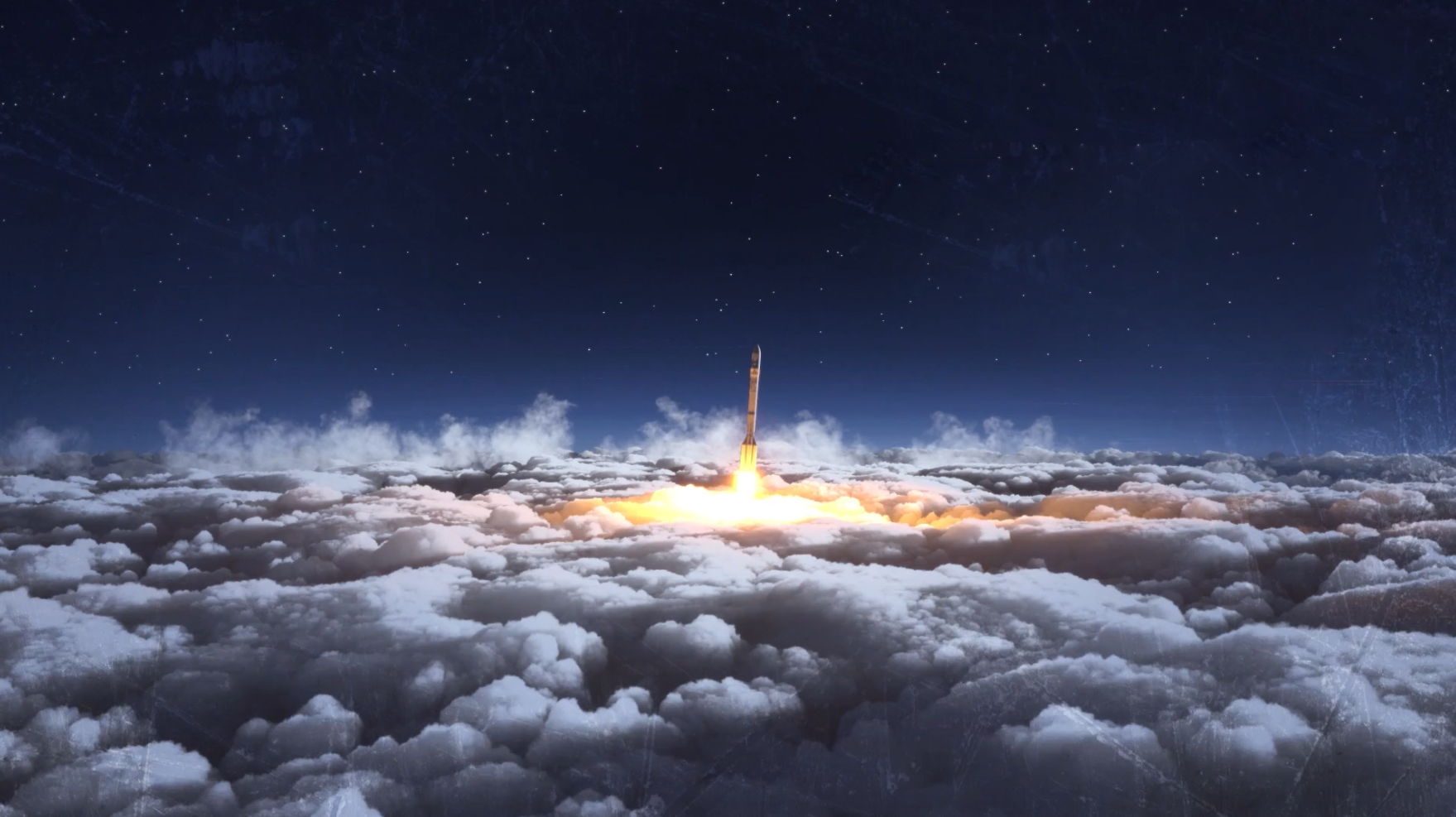 A rocket is flying through the clouds at night.