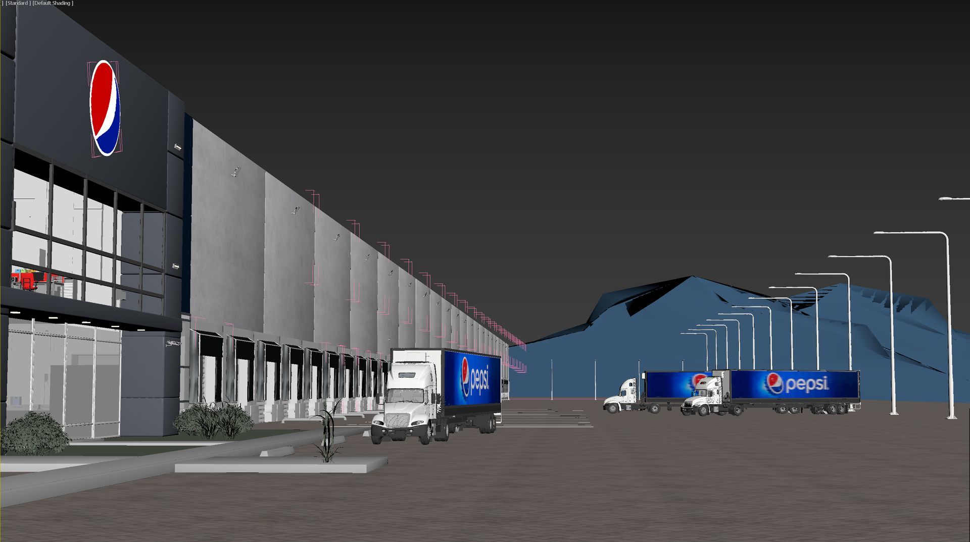 A 3d model of a pepsi store with trucks parked in front of it