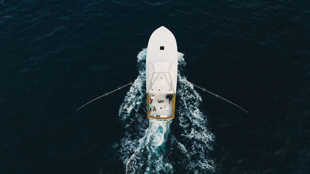 An aerial view of a boat floating on top of a body of water.