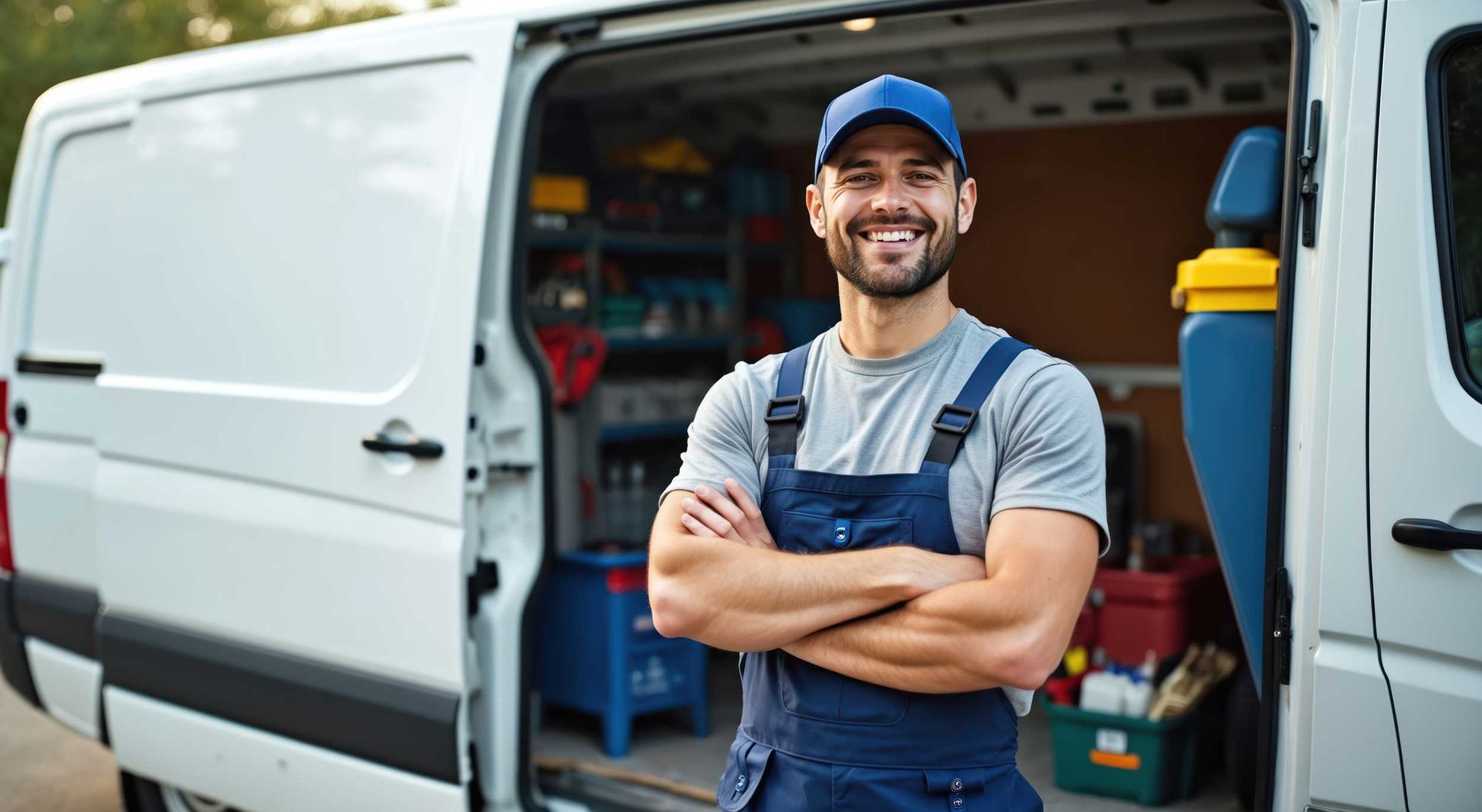 Commercial plumbers technician smiling beside service van with tools ready for plumbing jobs. Commercial plumbers technician smiling beside service van with tools ready for plumbing jobs.