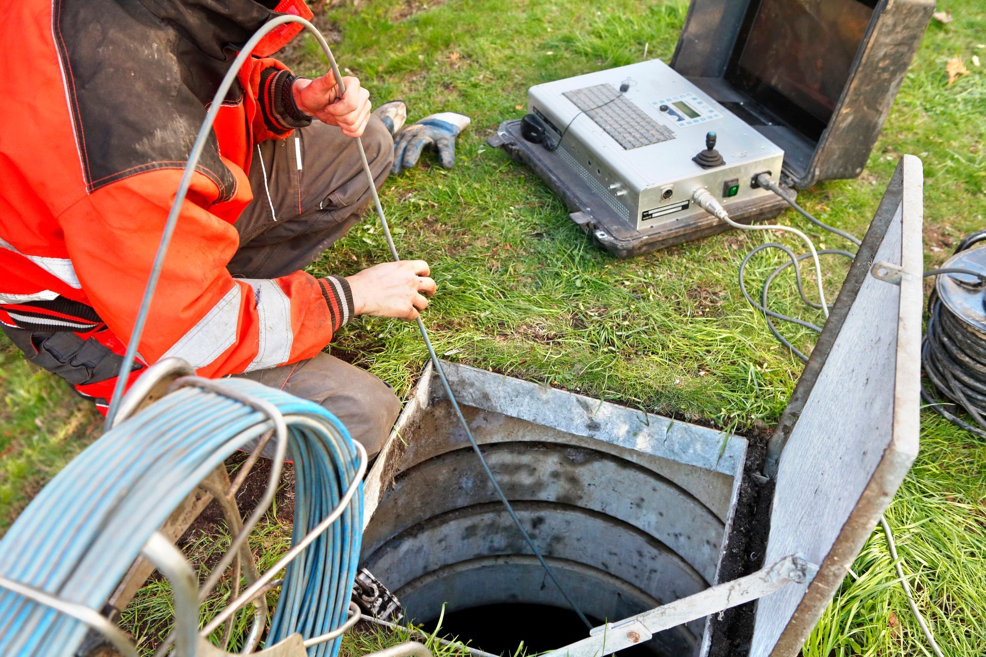 Camera-assisted pipeline inspection by professional sewage cleaner.