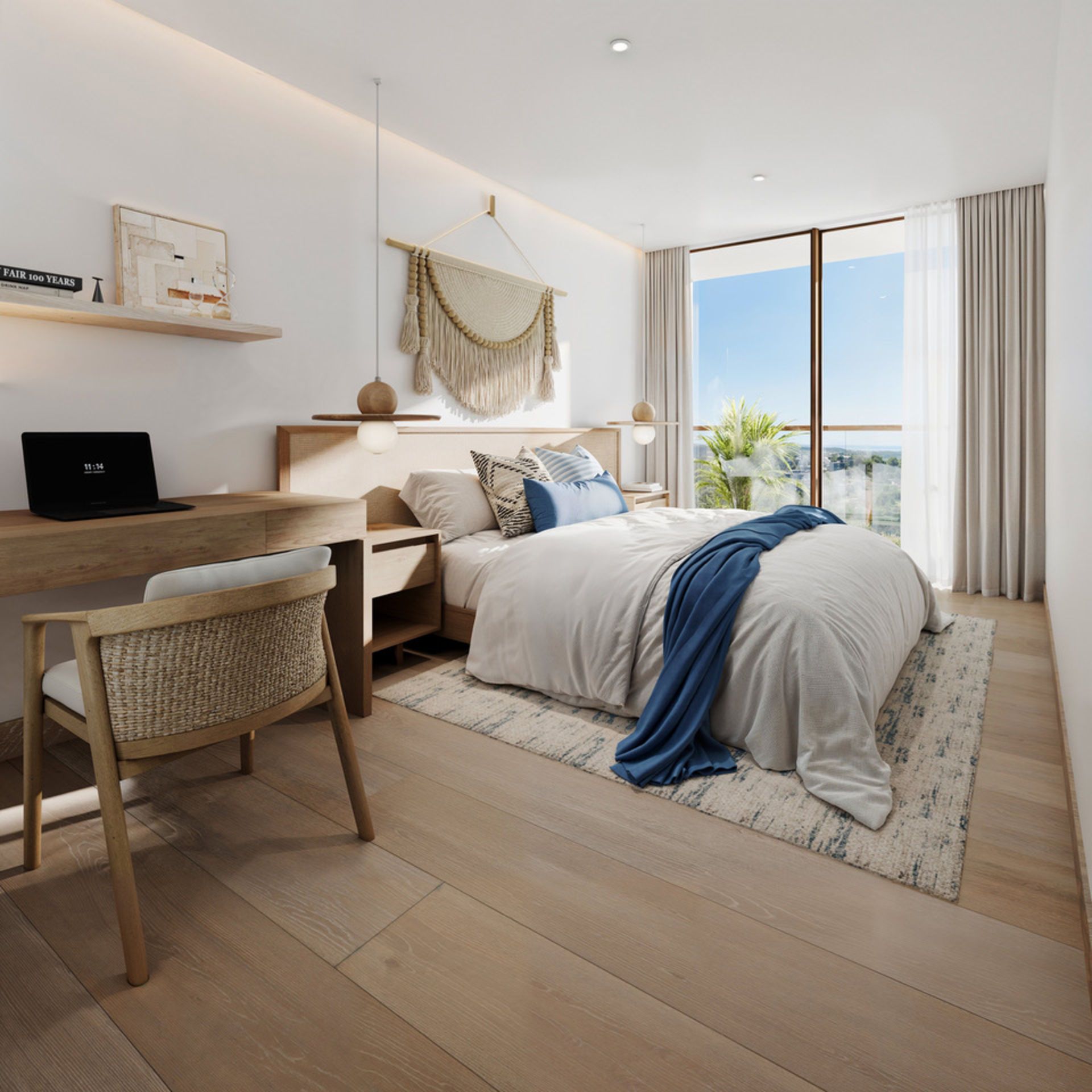 Bedroom with desk, bed, and large window overlooking a view. Light wood floors and furniture; neutral tones.